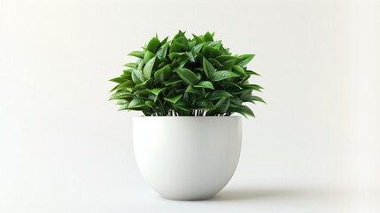 A small green leafy plant in a white pot sits centered against a plain white background in a studio shot