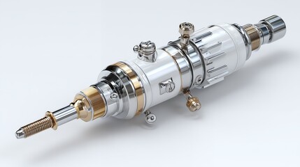 A metal spark plug, an essential engine part, is isolated on a white background