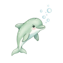 Obraz premium Watercolor Baby Dholpin with bubble – Cute Ocean Animal Illustration for Posters, Cards, Wall Art & Decoration