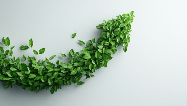 Abstract upward-pointing arrow formed by lush green leaves against a light gray background