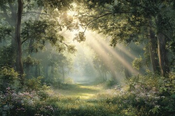 Sunlit forest path through wildflowers