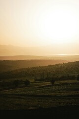 Obraz premium Hazy landscape at sunset. The scene is composed of multiple layers of rolling hills and fields that fade into the distance.