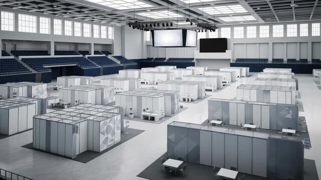 A high-angle shot depicts a large indoor event space with exhibition booths, bleacher seating, screens, and tables. The architecture is modern and minimalist