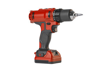 Red cordless power drill with chuck and battery isolated on transparent background
