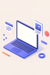 Isometric Digital Laptop with Floating Chat and Image Icons in Modern Style