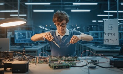 Young engineer working on circuit board in a modern lab