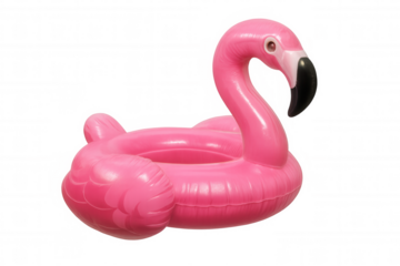 Pink inflatable flamingo shaped pool float isolated on a transparent background, perfect for summer fun and relaxation