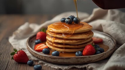 Stack of fluffy pancakes drizzled with golden syrup and fresh berries delight - Powered by Adobe