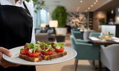 A professional waiter serving an elegant bruschetta dish in a modern restaurant setting, highlighting gourmet dining and hospitality