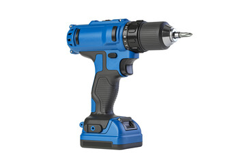 Blue cordless power drill with battery pack isolated on transparent background