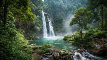 Lush waterfall cascading into a serene pool nestled in a dense jungle