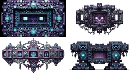 Four pixel art designs depict ornate, dark purple and teal structures, featuring intricate detailing, geometric patterns, and glowing elements, suggesting ancient or mystical technology