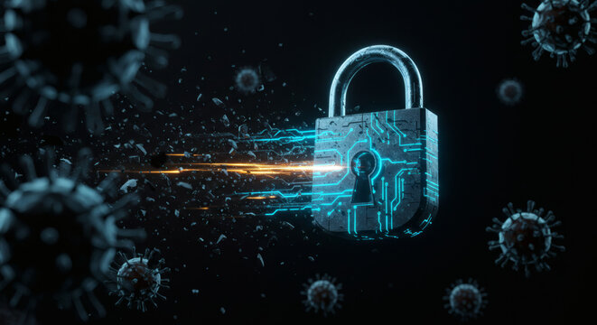 Cybersecurity concept digital padlock protecting against viral threats with glowing data streams and abstract background