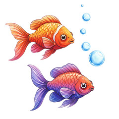 Fototapeta premium Watercolor Two multi-color fish with bubble – Cute Ocean Animal Illustration for Posters, Cards, Wall Art & Decoration