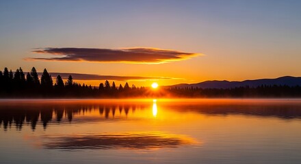 Obraz premium Serene Sunrise Over Misty Lake.