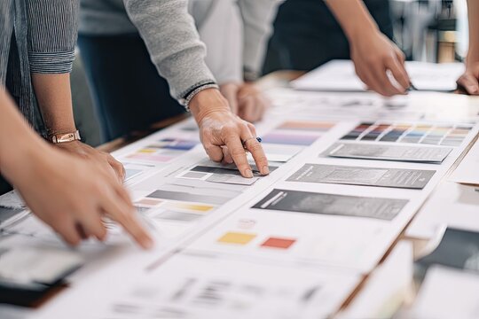 Diverse group collaborates on design layouts at a table