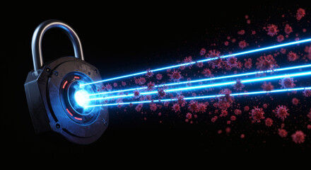 Cybersecurity Shield Laser Lock Protecting Against Digital Viruses