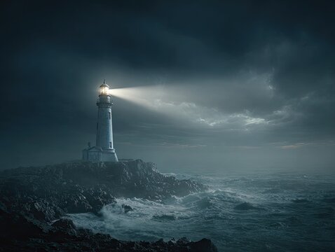 Luminous lighthouse on stormy night