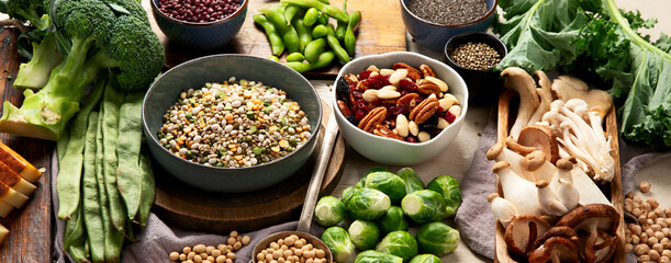Asortment of plant based vegan protein products. Healthy eating.