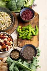 Asortment of plant based vegan protein products. Healthy eating.