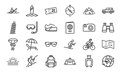 Travel and Adventure Line Icons Set – Tourism, Vacation, Hiking, Camping, Airplane Ticket, Luggage, Backpack, Mountain Climbing, Surfing, Cycling, Snorkeling, Summer Holiday and Outdoor Exploration Ve