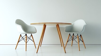 A round wooden table and two white chairs in a modern minimalist setting.