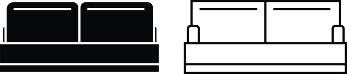 Sofa icons set, Couch furniture collection and group in black flat and outline styles, Modern interior seat designs, Home living room chair symbols, vectors illustration for decoration and comfort.