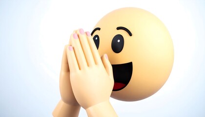 A joyful emoji character with hands clasped in prayer-like gesture against a plain background.