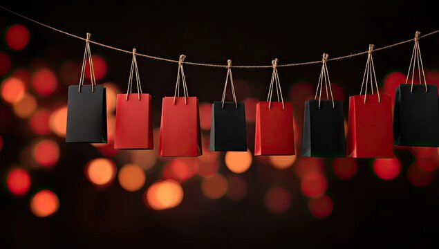Shopping bags hanging on a string against a bokeh background