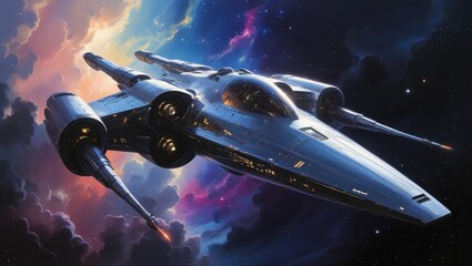 Obraz premium A sleek, futuristic spacecraft soars through a vibrant nebula, showcasing intricate details and a captivating display of cosmic hues.
