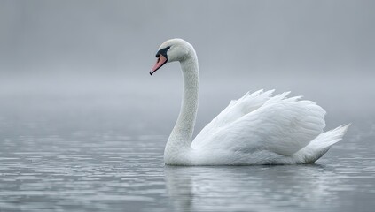 Elegant white swan on a misty lake (1)