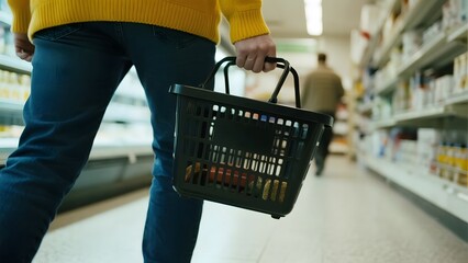 Person carrying a shopping basket while walking through a grocery store aisle