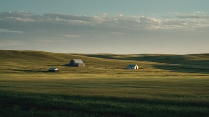 Obraz premium Rolling hills, rustic barns, golden light