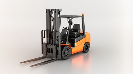 Fototapeta premium A bright orange forklift truck with black accents on a white background in a studio setting