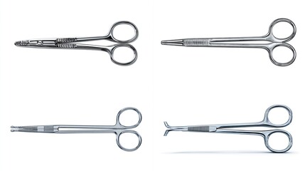 Four metallic surgical scissors displayed against a white background, showcasing variations in tip design and handle shape