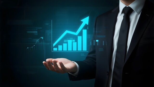 Businessman presenting a holographic upward trend graph, symbolizing growth and success in financial or business metrics.