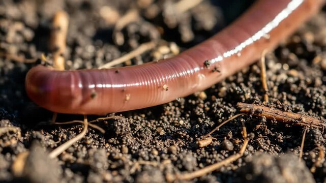 Close-Up of a Red Wiggler Earthworm Crawling on Dark Soil  Detailed Macro Photography of an Annelid in its Natural Habitat