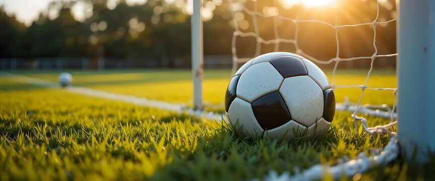 Soccer Ball in Net on Green Grass with Sunset Lighting