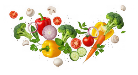 Assortment of fresh, colorful vegetables including broccoli, peppers, tomatoes, carrots, and mushrooms, artfully arranged and isolated on a transparent background