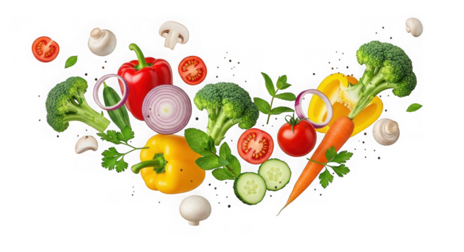 Assortment of fresh, colorful vegetables including broccoli, peppers, tomatoes, carrots, and mushrooms, artfully arranged and isolated on a transparent background