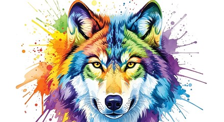 Vibrant Rainbow Wolf Head Watercolor Splash Art.