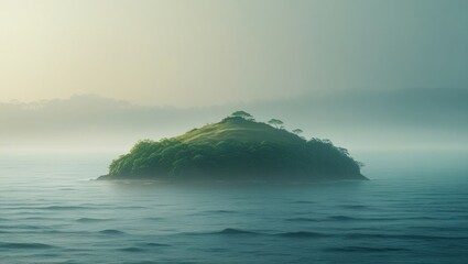 A tranquil island, shrouded in morning mist, rises from a calm sea, showcasing gentle waves and lush greenery.