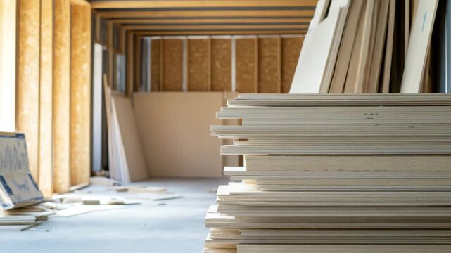 Stack of plywood sheets and drywall sheets construction site with wooden framing, insulation, and scattered building materials creating calm, organized interior atmosphere for wood framing and sheet