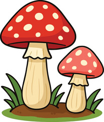 Two Cute Cartoon Toadstools with Red Caps and White Spots Growing in Green Grass and Brown Soil.