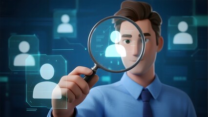 A professional examines user profiles through a magnifying glass in a digital interface.