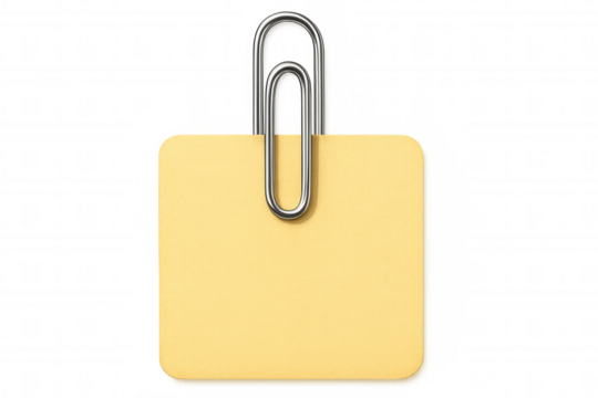 Yellow sticky note fastened by paperclip, hanging against transparent surface, highlighting key details with minimalist design approach