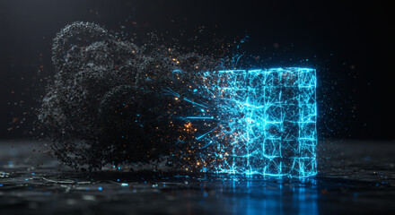 Digital Disintegration Sphere Colliding with Glowing Cube