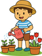 Cute Cartoon Boy Wearing a Hat Watering Plants and Red Tulips in Pots, a Spring Gardening Scene.