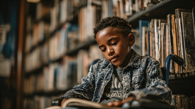 Happy young disabled mixed race school student in wheelchair reading a library book. African american child with disability learning. Inclusive 