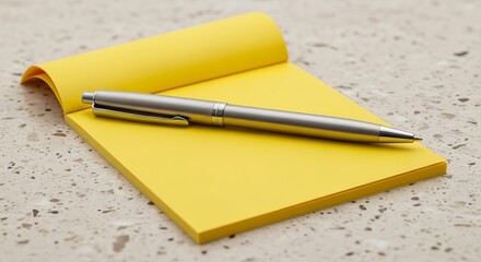 Silver pen with yellow notepad on speckled beige background